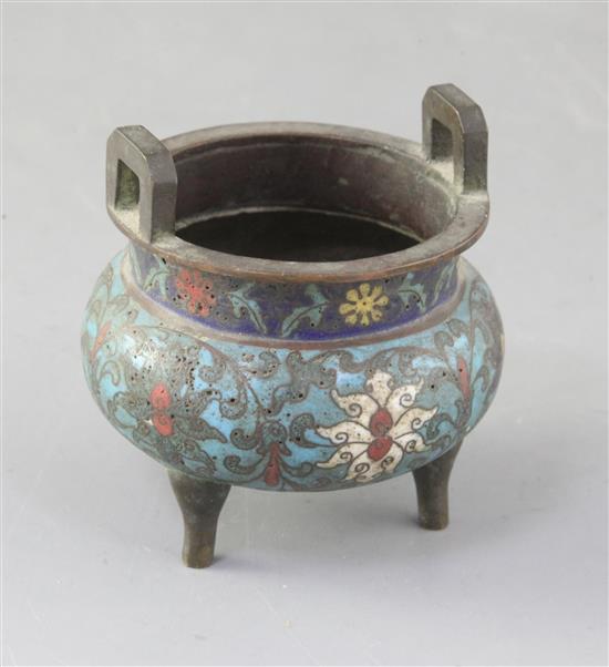 A Chinese cloisonne enamel miniature tripod censer, ding, 19th century, 7.5cm high, 7.5cm wide